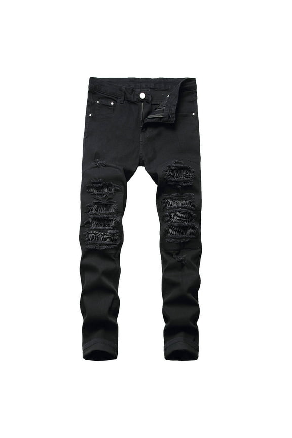 Big and Tall Straight Leg Jeans for Men Distressed Destroyed Denim Pants Slim Fit Stretch Work Jeans Casual Patches Skinny Jean Pants Hip Hop Designed Streetwear Black XXXL