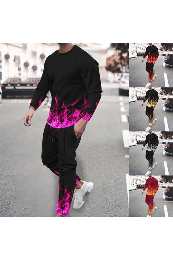 Big and Tall Sweatsuit for Men 2 Piece Sets Novelty 3D Flame Print Crewneck Pullover Tops and Pants Casual Tracksuit Active Jogger Suits 2025 Fashion Street Outfits Purple XXL