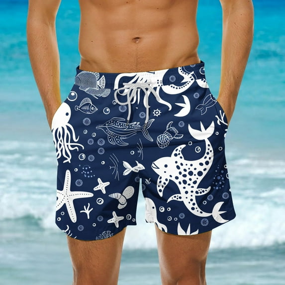 DDAPJ pyju Big and Tall Swim Trunks for Men Elastic Waist Drawstring Board Shorts Funny Summer Bathing Suits Sea Creature Printed Surf Beach Shorts with Pockets Birthday Gifts Blue XXXL