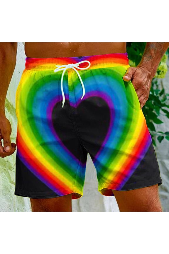 Big and Tall Swim Trunks for Men LGBT Pride Rainbow Flag Printed Drawstring Beach Shorts Quick Dry Surfing Board Shorts with Pockets 2025 Multi-color XL