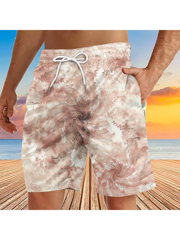 Big and Tall Swim Trunks Mens Funky Hawaiian Beach Shorts Tie Dye Print Casual Summer Shorts Elastic Waist Drawstring Board Shorts with Pockets Khaki S