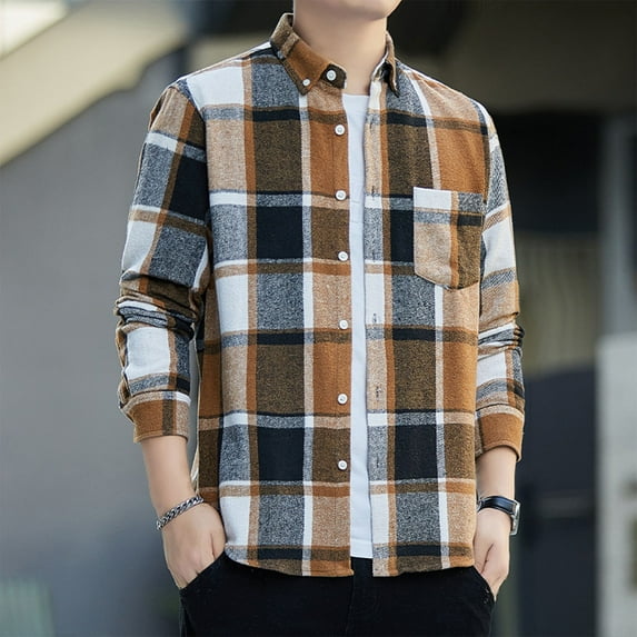 DDAPJ pyju Big and Tall Button Down Shirts for Men Flannel Plaid Shirt Lightweight Shacket Casual Stylish Tops with Chest Pocket on Sale Khaki XXXXXL