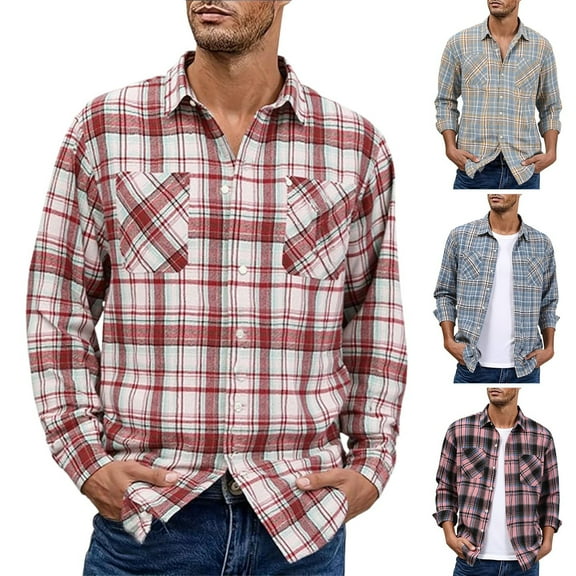DDAPJ pyju Big and Tall Plaid Shirts for Men Long Sleeve Casual Button Down Shirt Western Cowboy Shirts with Pockets Pink XXXL