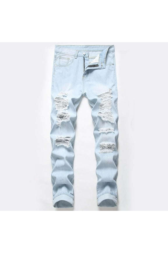 Biker Jeans for Men Straight Leg Slim Fit Distressed Destroyed Stretch Motorcycle Denim Pants Street Style Hip Hop Jean Pants with Patches Flash Sky Blue M