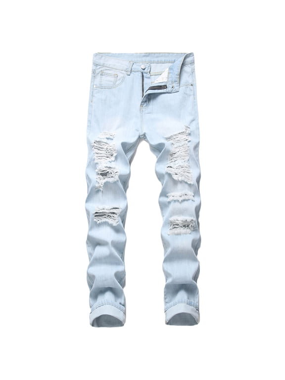 Biker Jeans for Men Straight Leg Slim Fit Distressed Destroyed Stretch Motorcycle Denim Pants Street Style Hip Hop Jean Pants with Patches Flash Sky Blue S