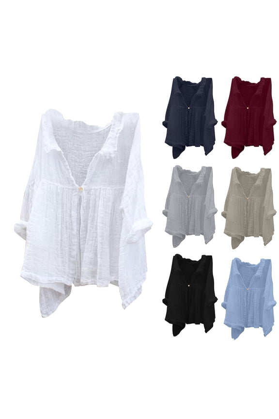 Boho Blouses for Women Plus Size Linen 3/4 Sleeve Button Up V-Neck Tops Summer Loose Casual Vacation Beach Shirts on Sale White XXL