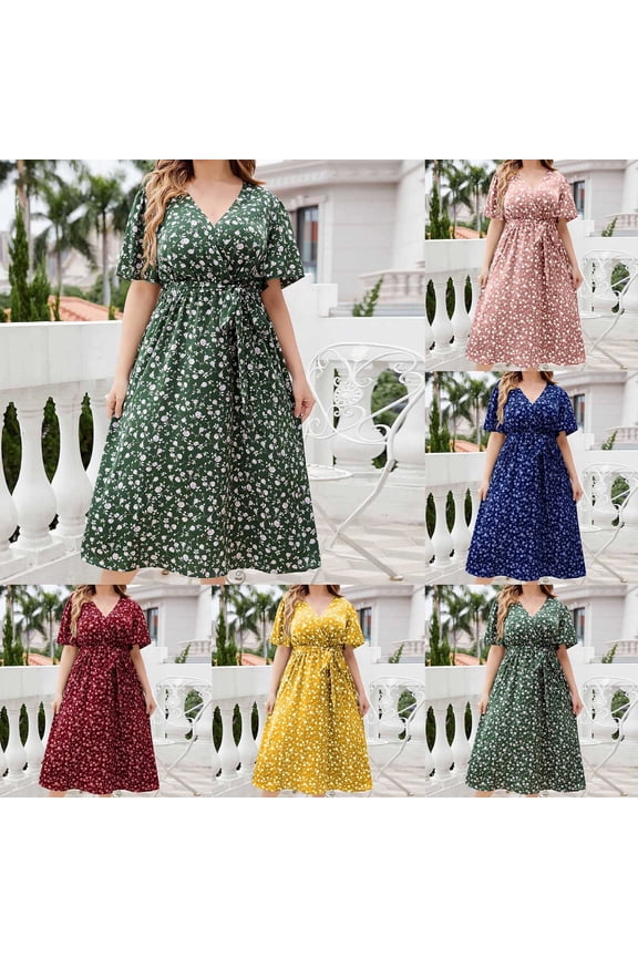 Boho Floral Summer Dresses for Women Plus Size Empire Waist Maxi Dresses Short Sleeve Wrap V Neck Tunic Dress Casual Flowy Pleated Dress Pink 3XL