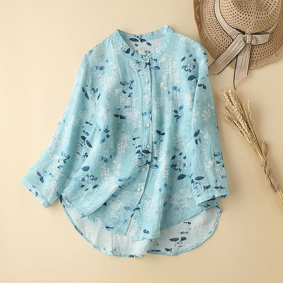 DDAPJ pyju Boho Floral Tops for Women Gauze Cotton Linen Long Sleeve Button Down Shirts Loose Flowy Tunic Blouses with Curved Hem Light Blue L