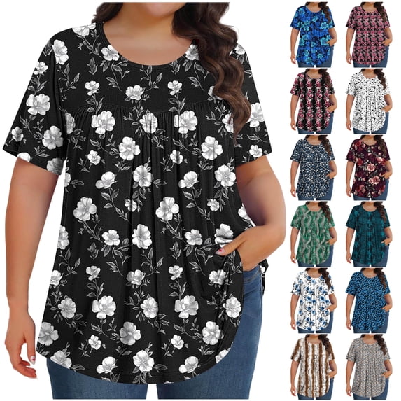 DDAPJ pyju Boho Tops for Women Plus Size Floral Graphic Tees Round Neck Short Sleeve Casual Summer Blouse Loose Fit Tunics Hide Belly Shirt Green L