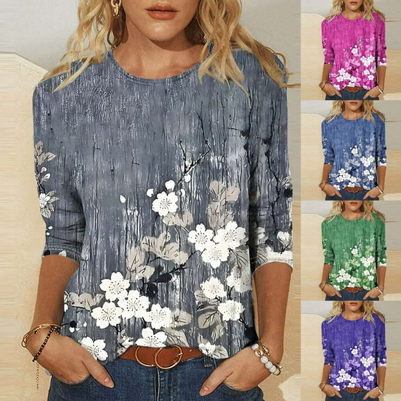 DDAPJ pyju Boho Tops for Women Summer 3/4 Sleeve T-shirts Dressy Casual Floral Blouses Ofertas Hoy Liquidación Hot Pink S