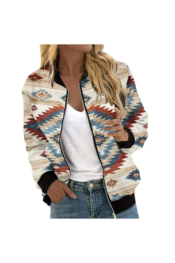 Bomber Jacket for Women Western Aztec Print Casual Varsity Jacket Long Sleeve Stand Collar Baseball Jacket Zip Up Outwear with Ribbed Cuffs and Pockets Beige S