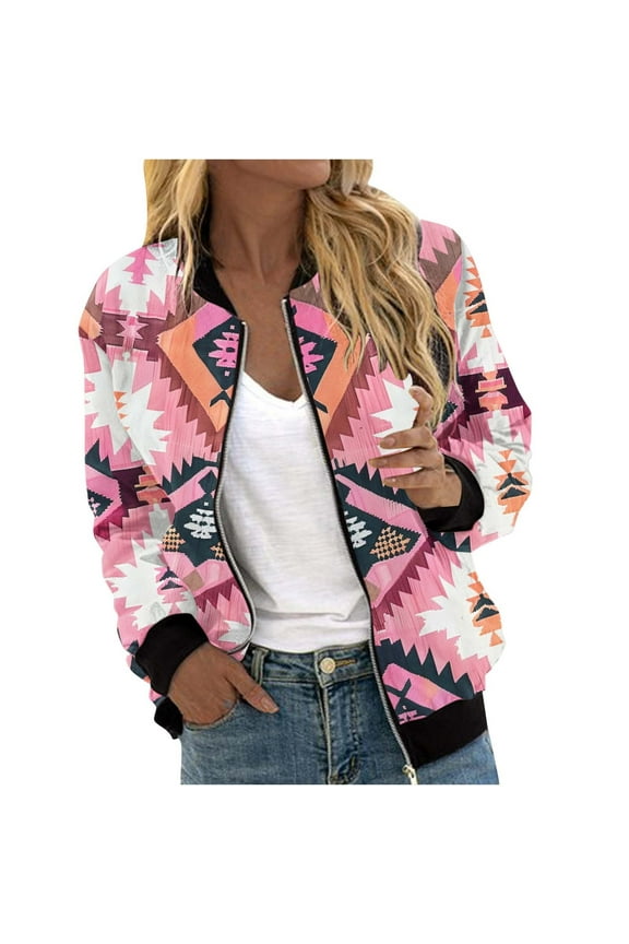 Bomber Jacket for Women Western Aztec Print Casual Varsity Jacket Long Sleeve Stand Collar Baseball Jacket Zip Up Outwear with Ribbed Cuffs and Pockets Pink XL