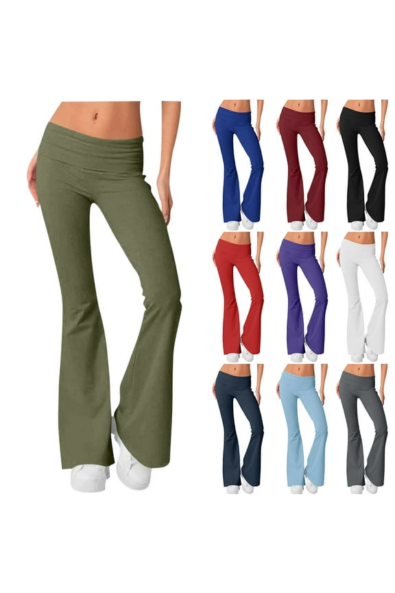 Bootcut Leggings for Women Low Rise Fold Over Flared Yoga Pants Ladies Comfy Workout Pants Red L