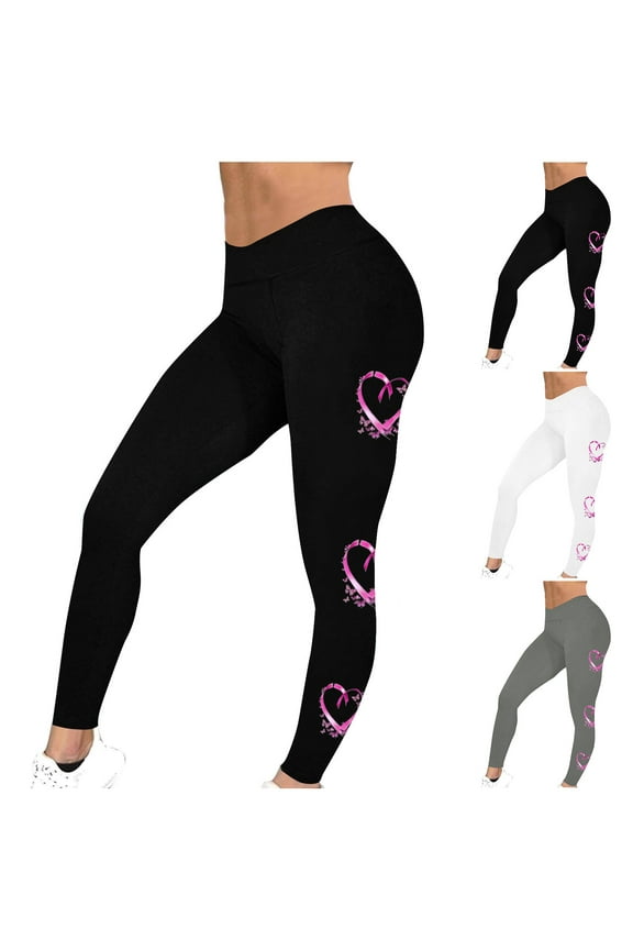 Breast Cancer Awareness Leggings for Women Pink Ribbon Heart Printed Ultra Soft Yoga Pants Fight The Cancer Inspiration Tights 4 Way Stretch Workout Bottoms Back to College Sale Black XL