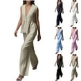 thumbnail image 1 of DDAPJ pyju Business Casual Outfits for Women Cotton Linen 2 Piece Set Deep V Neck Sleeveless Pelpum Tops and Wide Leg Pants Matching Sets Ofertas de hoy Blue S, 1 of 10