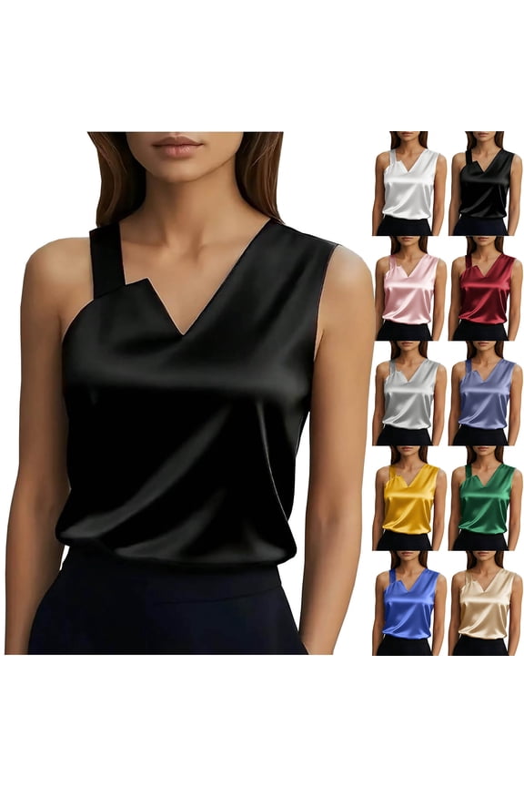 Business Casual Tank Top for Women Silk Satin V Neck Sleeveless Tops Asymmetric Neck Blouse Elegant Office Work Shirt Teacher Outfits Beige S