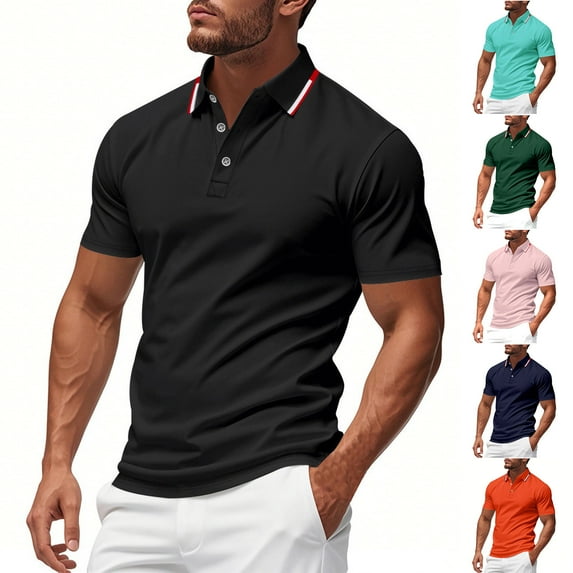 DDAPJ pyju Business Casual Tops for Men Contrast Collar Polo Shirt Quick Dry Lightweight Mesh Workout Golf Polos Liquidación Prime Today Pink XXL