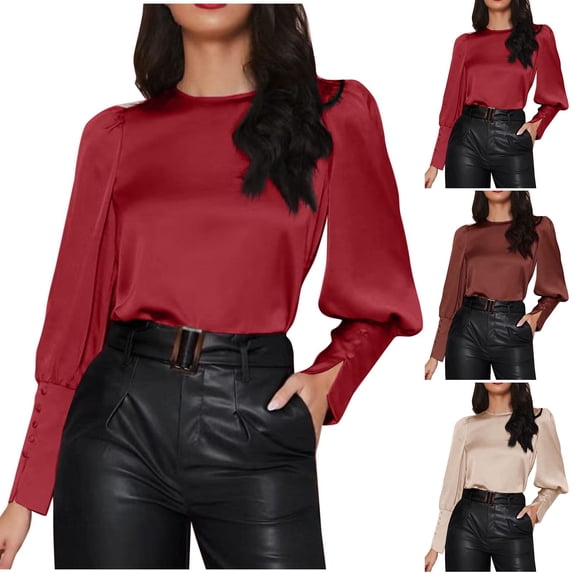 DDAPJ pyju Business Casual Tops for Women Stain Silk Blouse Lantern Long Sleeve Crewneck Shirts Ofertas relámpago Wine S