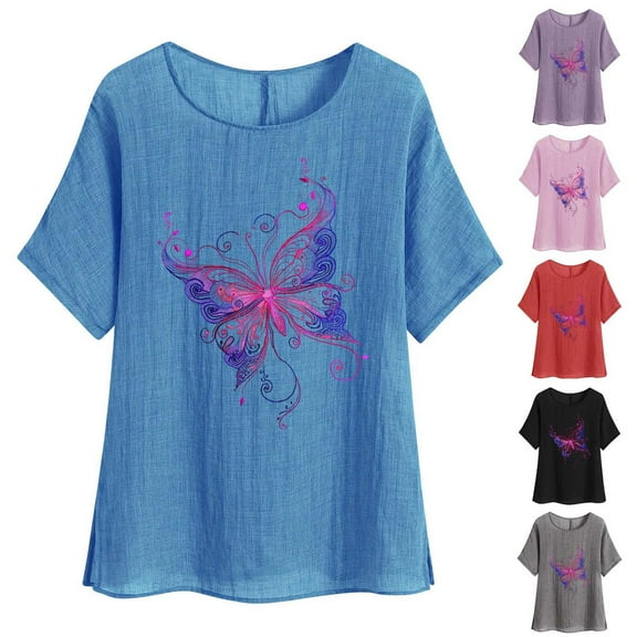DDAPJ pyju Butterfly Shirts for Women Oversized Cotton Linen Crewneck T Shirt 2025 Fashion Casual Summer Short Sleeve Tops Lightning Sales of The Day Red M
