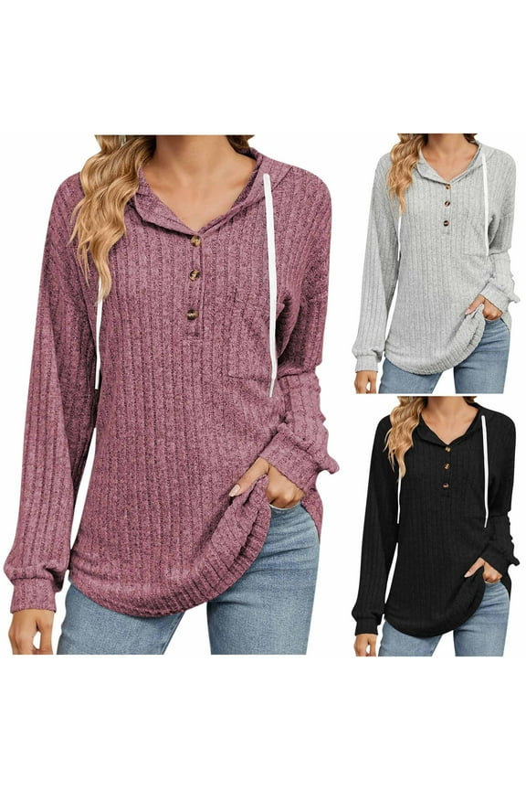 Button Collar Hoodie for Women Ribbed Knit Hooded Sweatshirt Lightweight Drawstring Pullover Sweaters Gray L