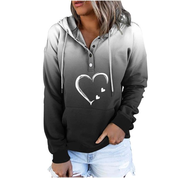 DDAPJ pyju Button Collar Hoodies for Women 2025 ,Teen Girls Love Heart Print Sweatshirt Casual Long Sleeve Lightweight Hooded Pullover Top with Pocket