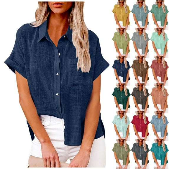 DDAPJ pyju Button Down Shirts for Women Solid Color Short Sleeve Cotton Linen Shirt Summer Causal Blouses Tops Limited Time Sales Blue Gray L
