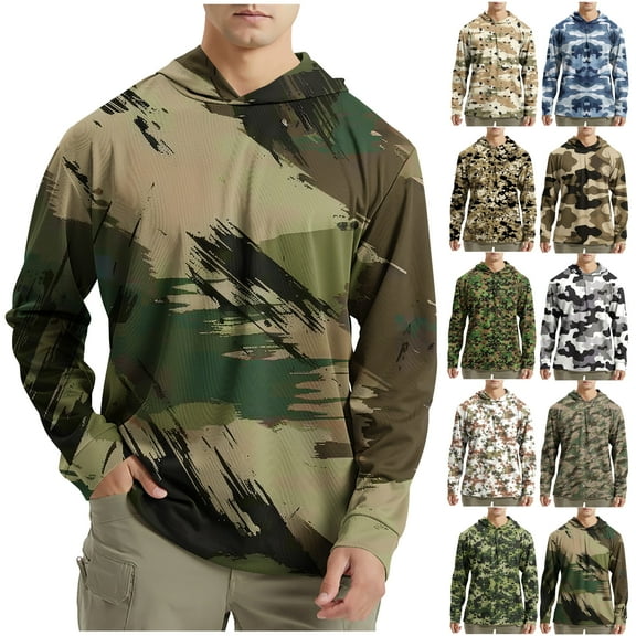 DDAPJ pyju Camo Hoodies for Men UPF 50  Sun Protection Sweatshirts Long Sleeve Camouflage Fishing Hiking Running Hooded Shirts Quick Dry Lightweight Breathable Workout Tees Brown L