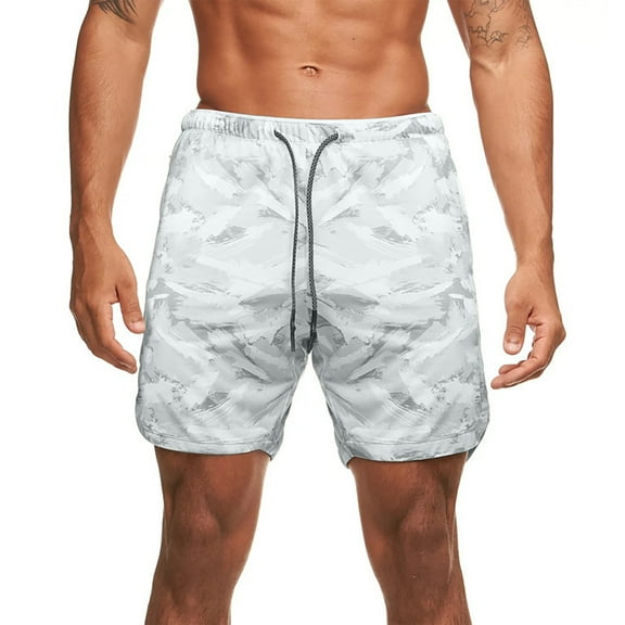 DDAPJ pyju Camo Shorts for Men Elastic Waist Drawstring Casual Athletic Shorts Lightweight Gym Workout Shorts Running Basketball Shorts with Pockets White L