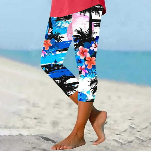 DDAPJ pyju Capri Leggings for Women Shark Hawaiian Print Cropped Pants High Waist Yoga Pants Comfy Stretch Capris Funny Beach Outfits Todays Sales Blue L