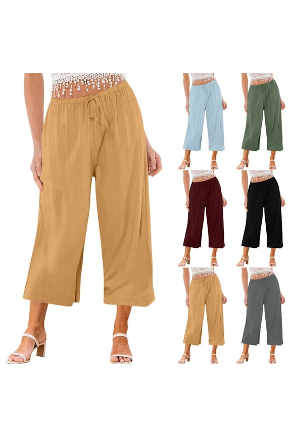 Capri Pants for Women Cotton Linen Casual Summer Culottes Pants High Waisted Drawstring Lounge Beach Capris with Pockets Limited Time Sales Gray M