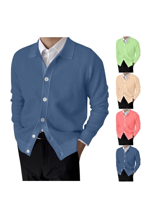 Cardigan Sweaters for Men Lapel Long Sleeve Knitted Cardigans Solid Casual Button Down Sweater Jacket Blue XXL