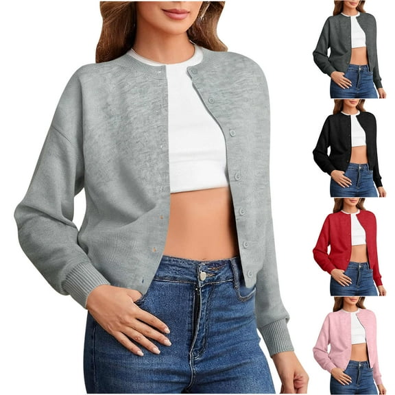 DDAPJ pyju Cardigan Sweaters for Women Trendy Casual Open Front Button Down Cropped Sweaters Y2k Crewneck Long Sleeve Knit Jacket Red L