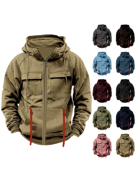 Cargo Hoodies for Men Big and Tall Full Zip Sweatshirt Outdoor Workout Hiking Hoodie Sweatshirts Drawstring Hooded Jacket with Pockets Brown XXL