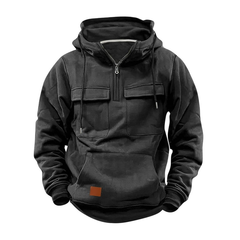 DDAPJ pyju Cargo Hoodies for Men Quarter Zip Pullover Sweatshirts Outdoor Military Tactical Hoodie Vintage Workout Running Active Hooded Sweatshirt