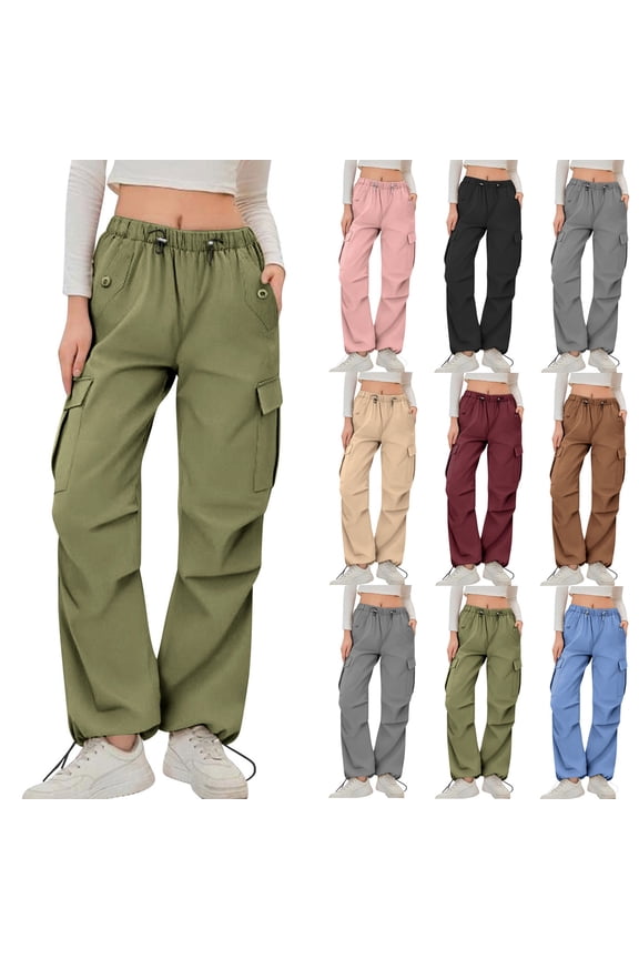 Cargo Pants Women Drawstring High Waisted Parachute Hiking Pants with Pockets Water-Resistant Lightweight Baggy Pants Coffee M