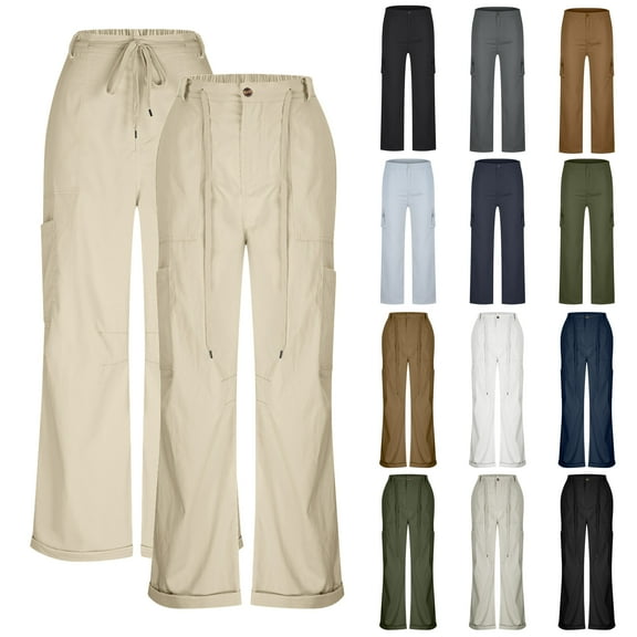 DDAPJ pyju Cargo Pants for Women Loose Straight Wide Leg Pants Elastic High Waisted Casual Travel Trousers with Pockets Black L
