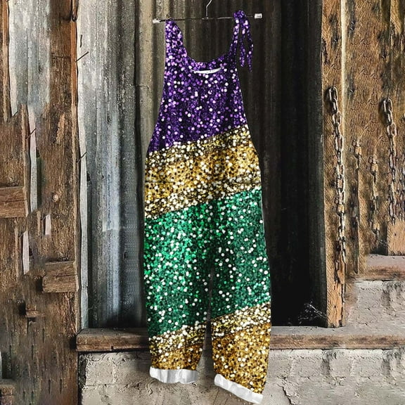 DDAPJ pyju Carnival Costume for Women 2025 Fashion Mask Print Sleeveless Straps Jumpsuits Mardi Gras Casual V Neck Romper Pants Today's Sales Multicolor XL