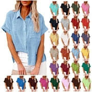 DDAPJ PYJU Casual Cotton Linen Button Down Shirts for Women Plus Size Lapel V Neck Short Sleeve Summer Blouse Top Plain Tees with Pocket Light Green XXXXL