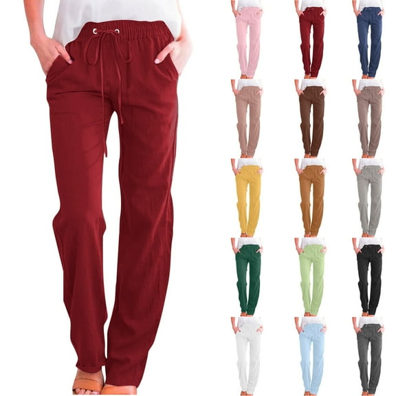 DDAPJ pyju Casual Cotton Linen Pants for Women 2025 Summer Loose Fit Straight Leg Drawstring Elastic Waist Beach Pants with Pockets Dark Purple L