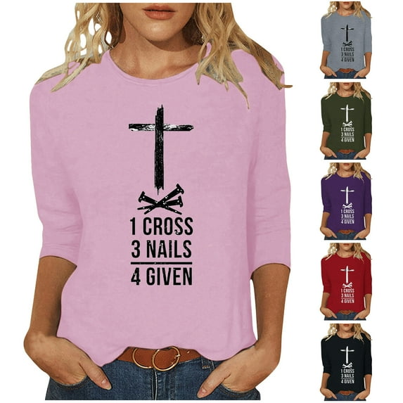 DDAPJ pyju Christian Easter T-shirts for Women 3/4 Sleeve Plus Size Tops Jesus Cross Print Graphic Tees Religious Faith Shirt Loose Fit Mid-length Pullover Birthday Gifts Purple S