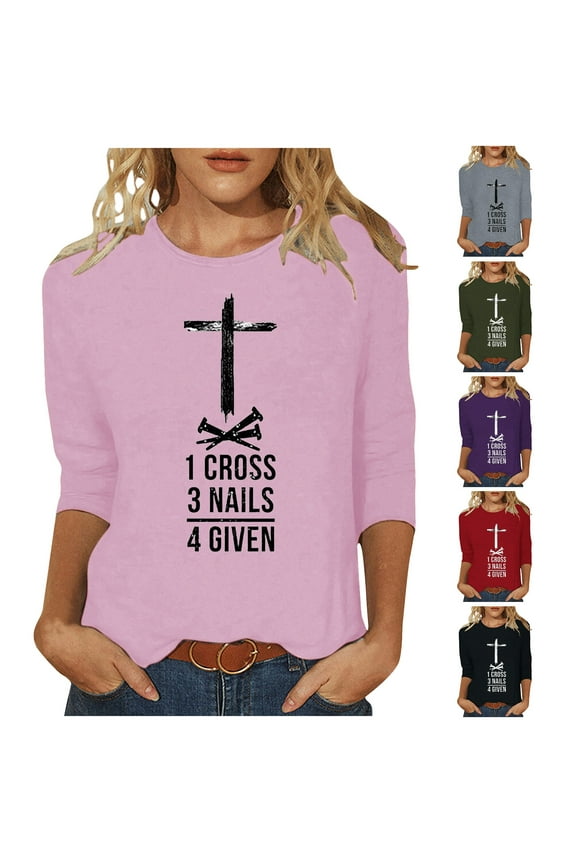 Christian Easter T-shirts for Women 3/4 Sleeve Plus Size Tops Jesus Cross Print Graphic Tees Religious Faith Shirt Loose Fit Mid-length Pullover Pink XL