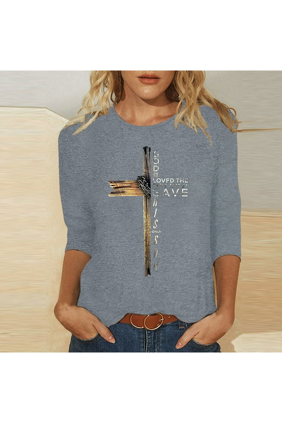 Christian Easter T-shirts for Women 3/4 Sleeve Plus Size Tops Jesus Cross Print Graphic Tees Religious Faith Shirt Mid-length Pullover Blouses Gray L