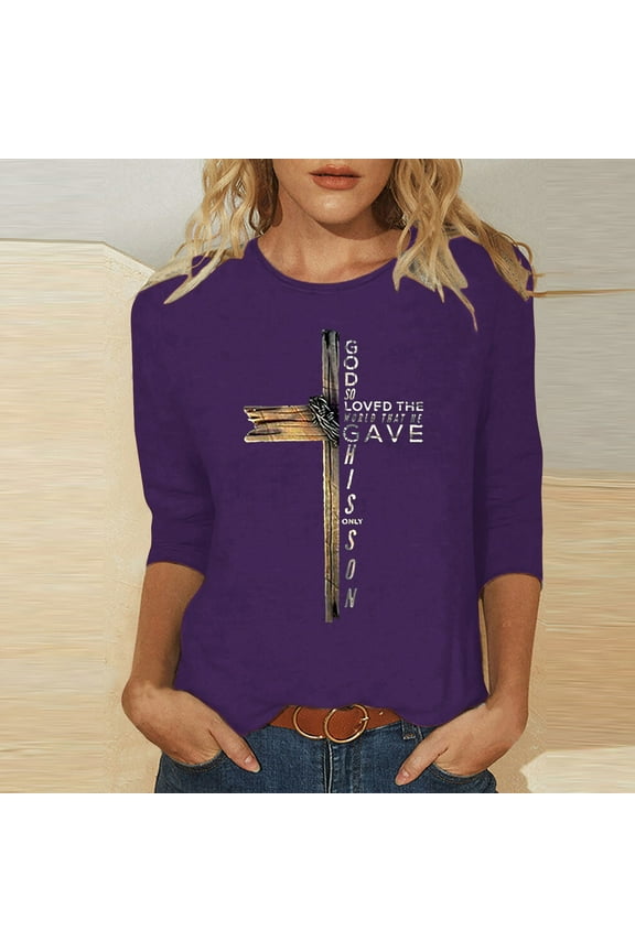 Christian Easter T-shirts for Women 3/4 Sleeve Plus Size Tops Jesus Cross Print Graphic Tees Religious Faith Shirt Mid-length Pullover Blouses Purple XXXXXL