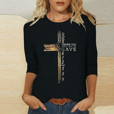 DDAPJ pyju Christian Easter T-shirts for Women 3/4 Sleeve Plus Size Tops Jesus Cross Print Graphic Tees Religious Faith Shirt Mid-length Pullover Blouses Flash Deals Today Black S