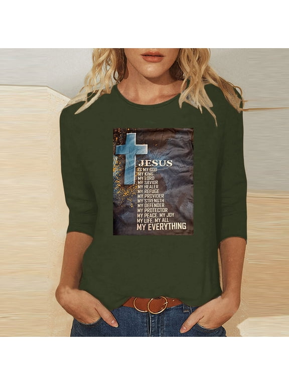 Christian Easter T-shirts for Women Plus Size 3/4 Length Sleeve Crewneck Tops Jesus Cross Letter Graphic Tees Religious Faith Shirt Birthday Gift Army Green XXXXXL