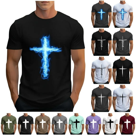 DDAPJ pyju Christian Shirts for Men Jesus Cross Print Short Sleeve Crewneck T-shirts Religious Faith Graphic Tees Vintage Streetwear Tops Black XXL