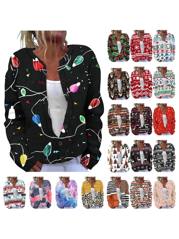 Christmas Cardigan Sweaters for Women Xmas Tree Red Plaid Knitting Open Front Cardigans Holiday Party Outfits Multicolor XXL