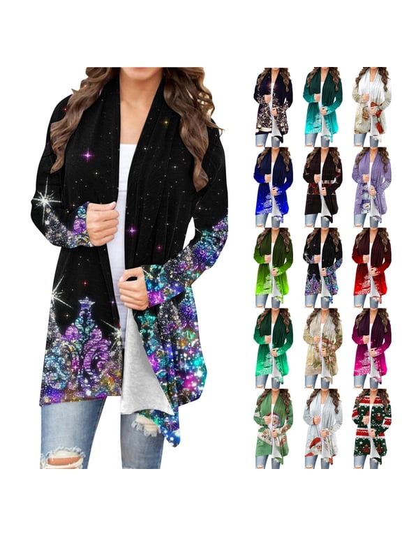 Christmas Cardigan for Women 2025 Funny Snowflake Santa Print Tops Lightweight Casual Open Front Long Sleeve Cardigans Khaki M