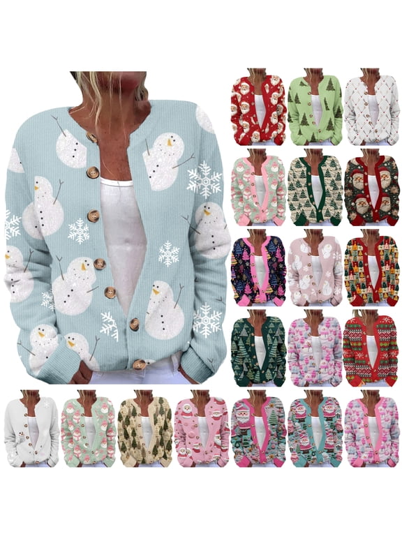 Christmas Cardigan for Women Ugly Funny Xmas Tree Print Button Up Cardigans Fall Winter Knitted Outerwear Jacket Deal of The Day Prime Today Multicolor S