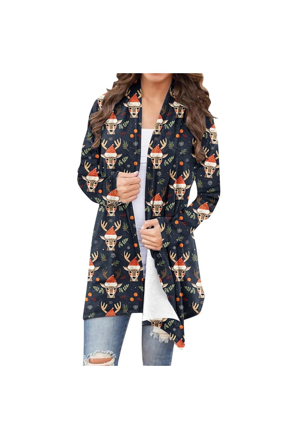 Christmas Dusters for Women Lightweight Open Front Cardigans Xmas Tree Snowflake Print Long Sleeve Casual Fall Cardigan Tops Navy S